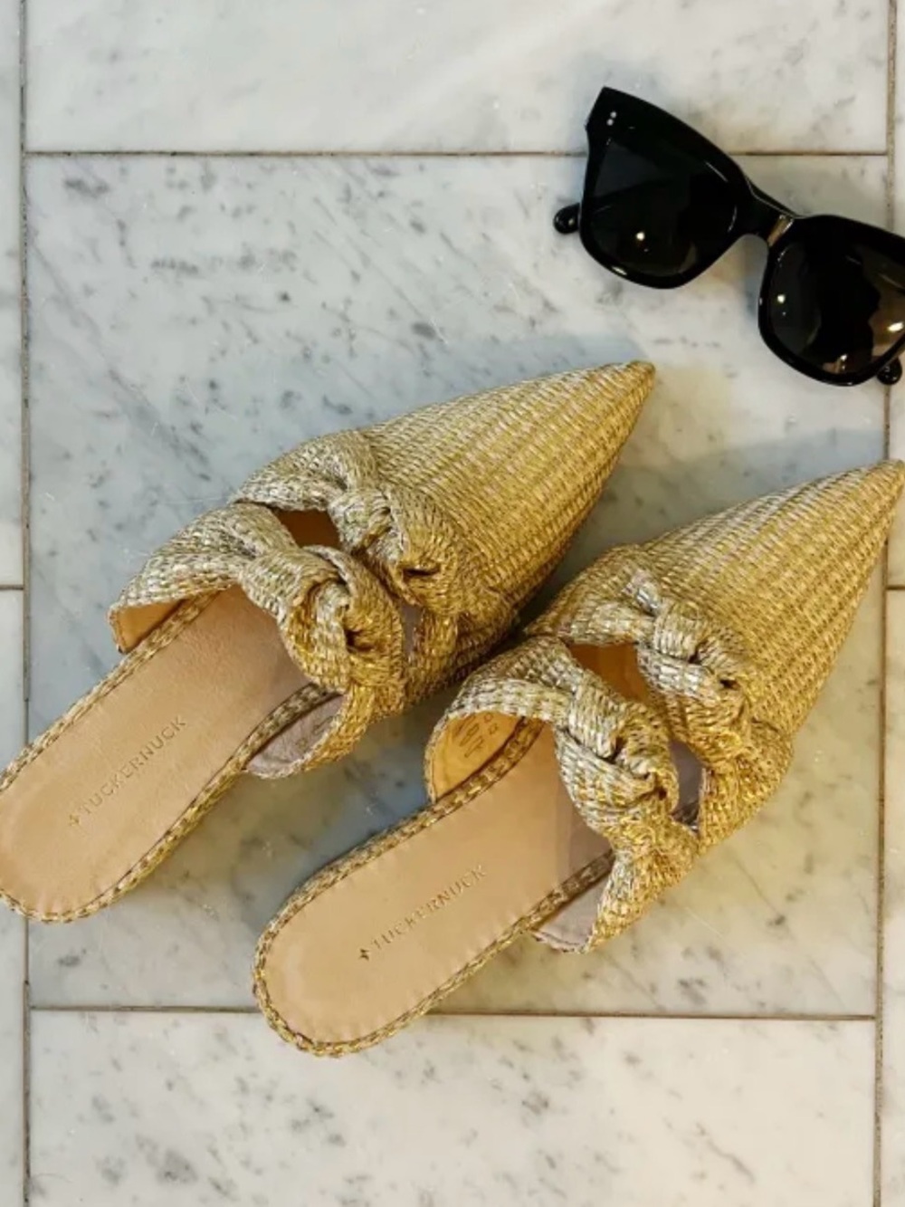 Tuckernuck Gold Woven Raffia Pointed-Knot Mules- 7